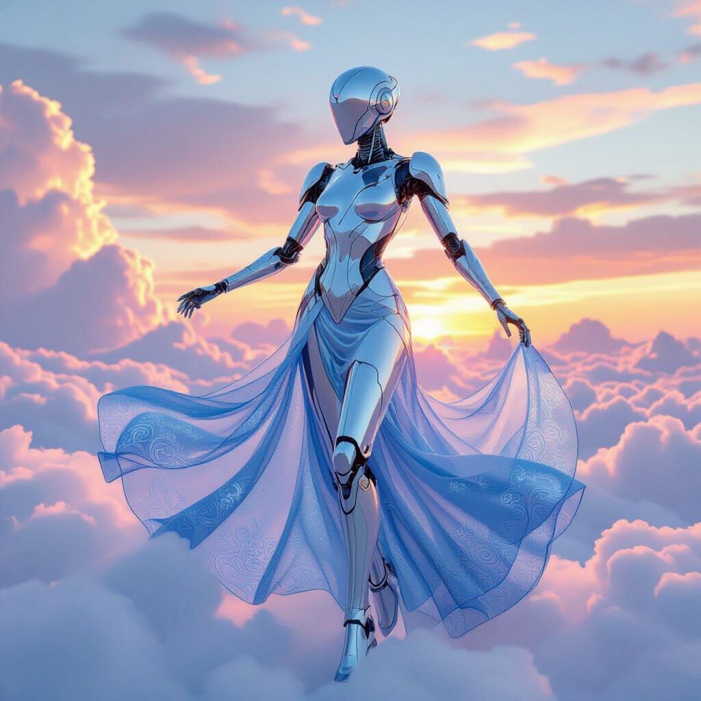 Robot Dances at Sunset in Art Nouveau Style