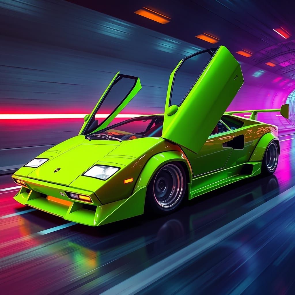 Cyberpunk Lamborghini Countach Speeds Through Neon Tunnel