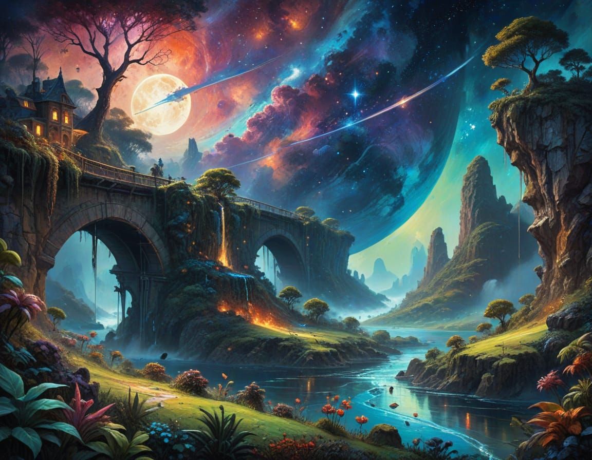 Surreal Cosmic Island Landscape in Gouache Style