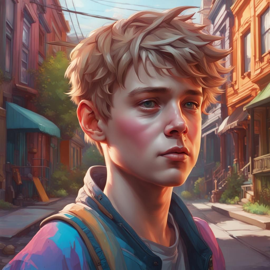 Boy Portrait in Colorful Neighborhood, Hyperdetailed Art