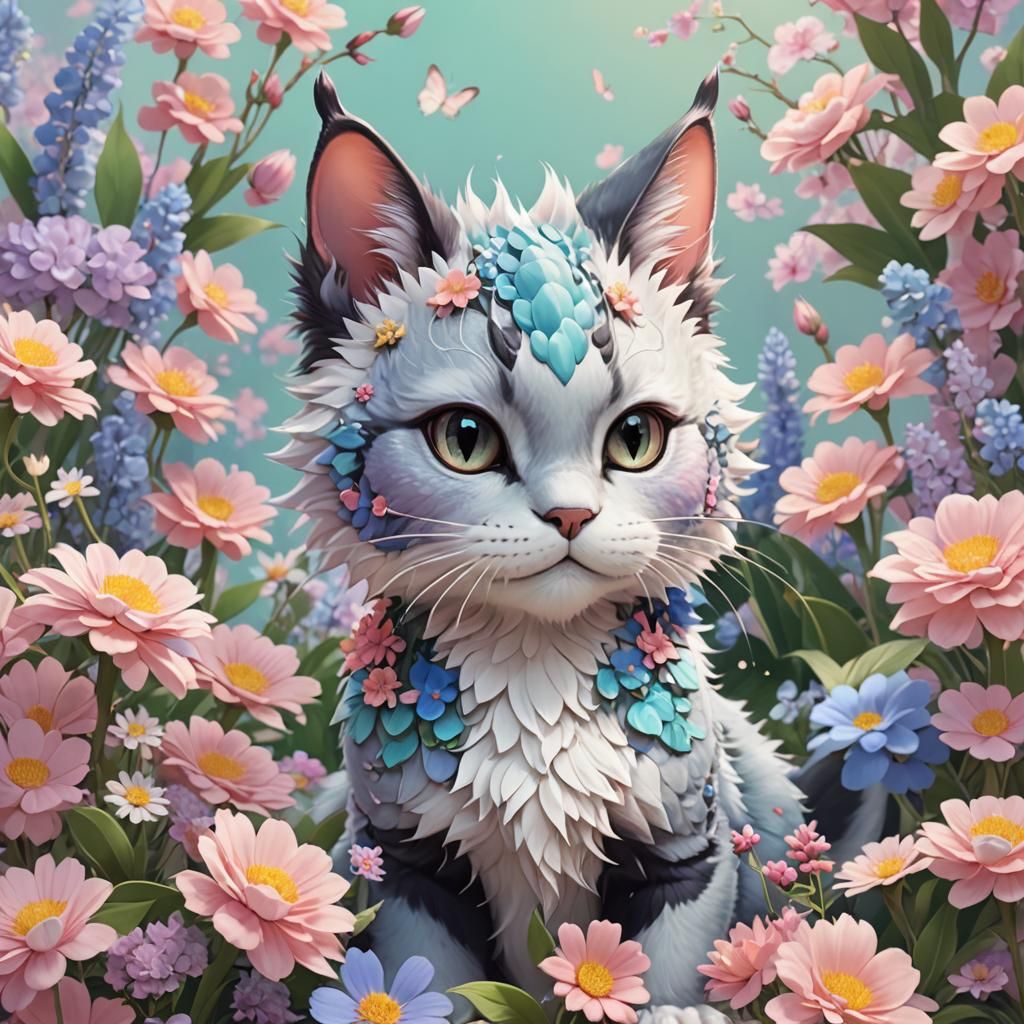 Cute Kawaii Dragon Cat with Flowers in Pastel Colors