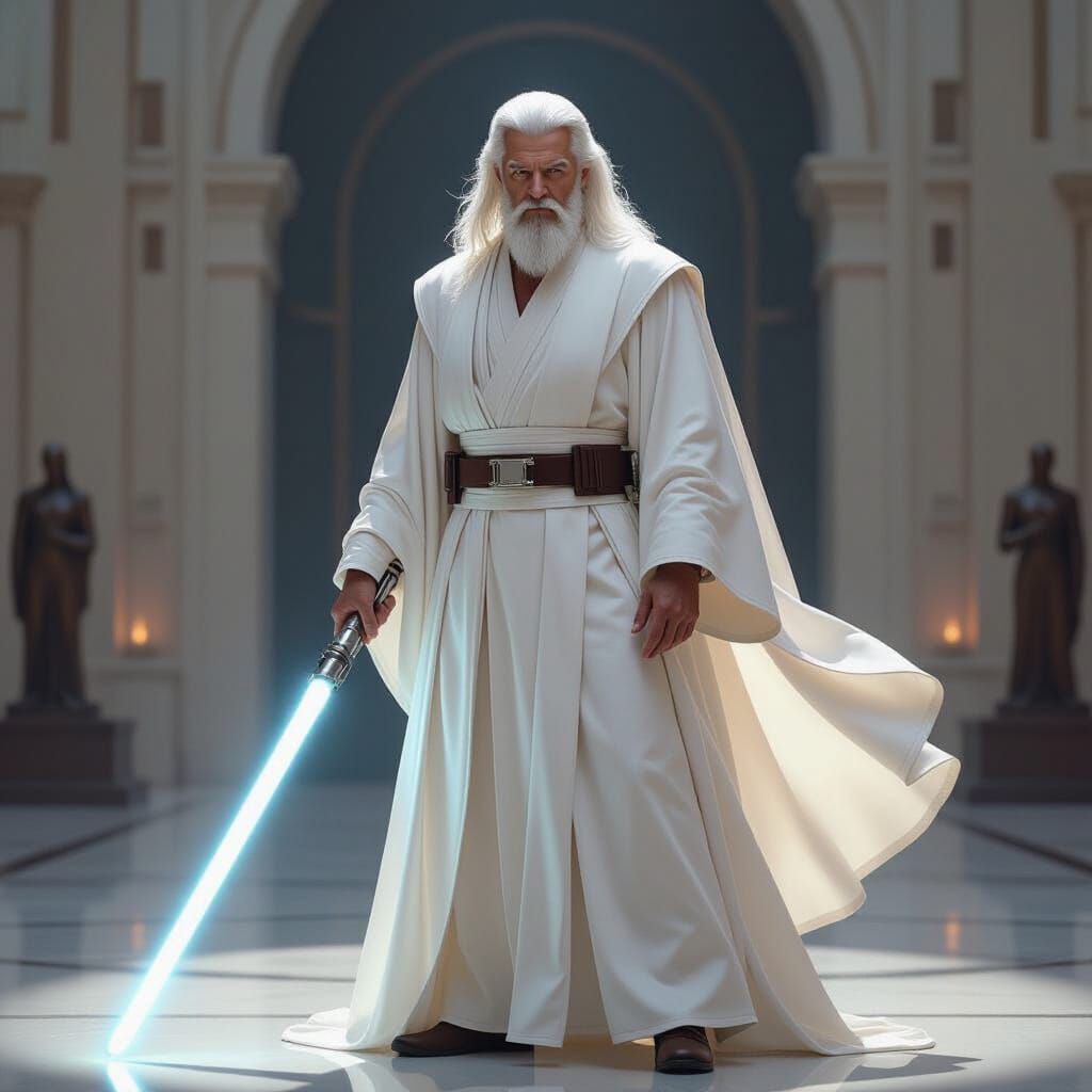 Jedi Master with White Lightsaber in Futuristic Style