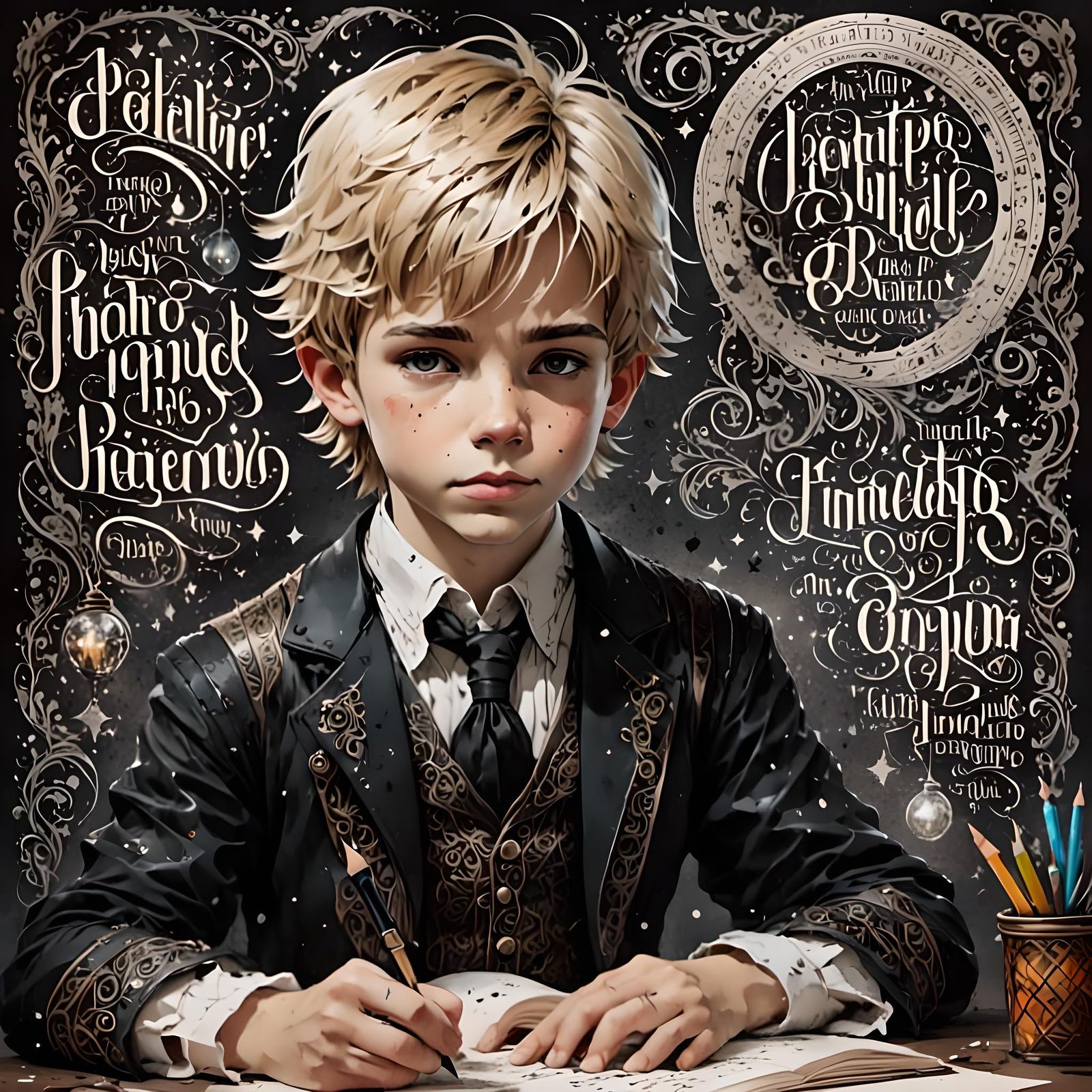 Intricate Calligraphic Ink Lettering With Gothic Boy Portrai...