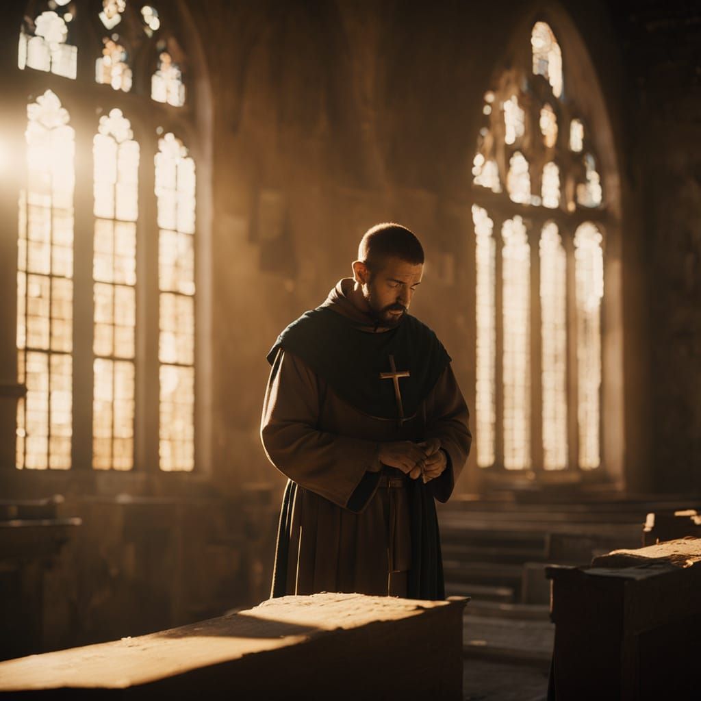 St Francis in Cinematic Film Still, Repairing the Old Church