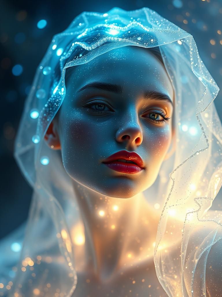 Bioluminescent Crystal Woman Portrait with Fractal Luminesce...