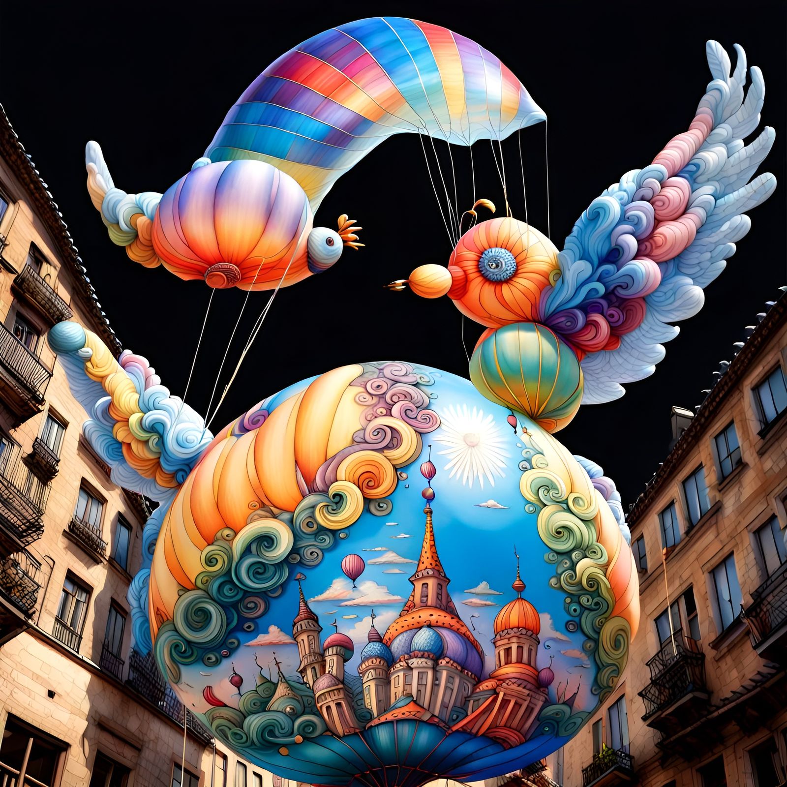 Bird-Shaped Balloon Soaring Over City, Art Nouveau Style