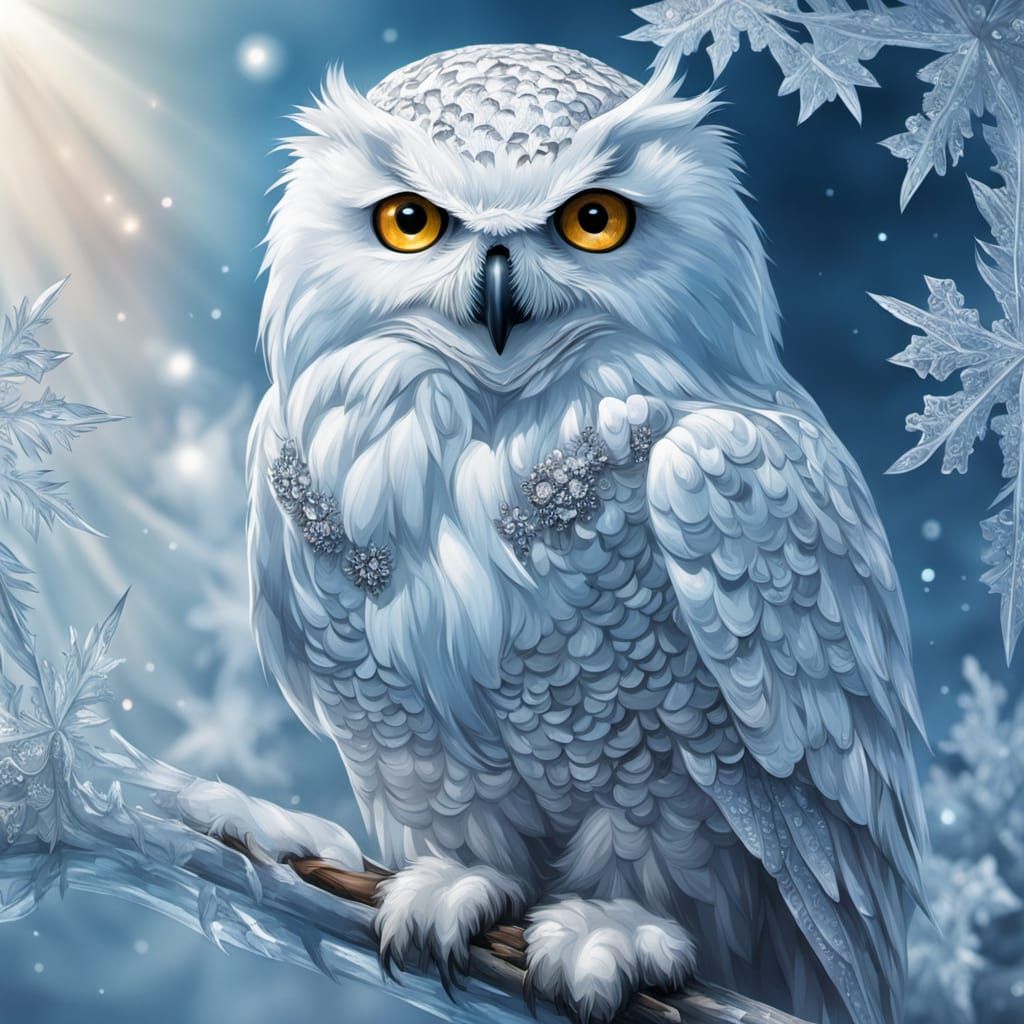 Snowy Owl Made of Snowflake Feathers on Frozen Branch