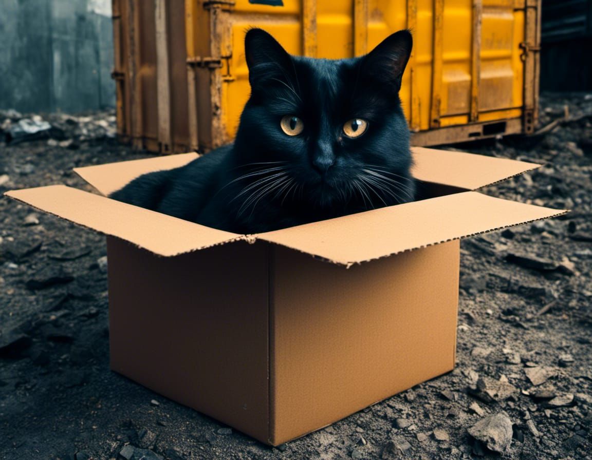 Happy Cat in a Box, Hyperrealistic Photo