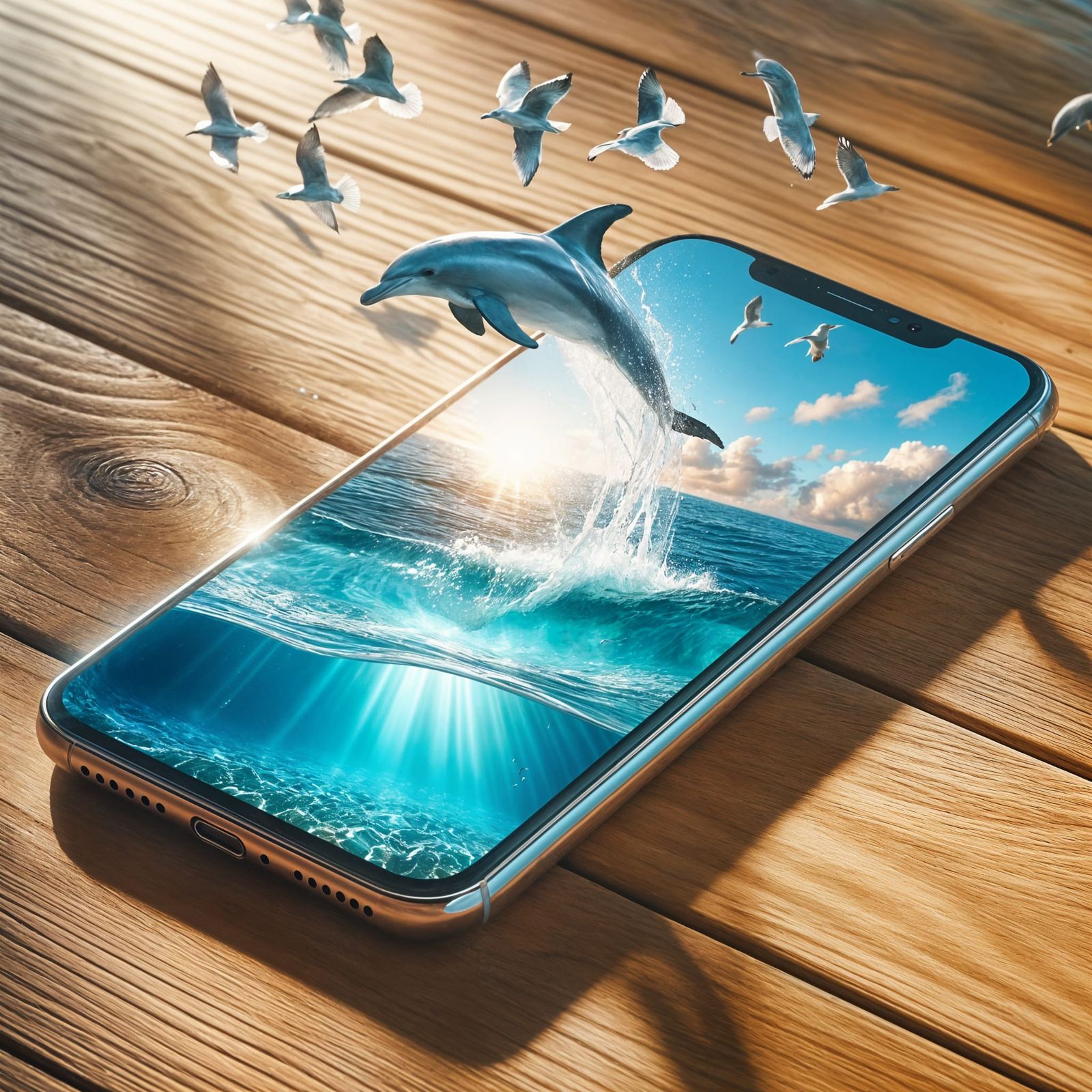 Dolphin Leaping from iPhone Displaying Ocean