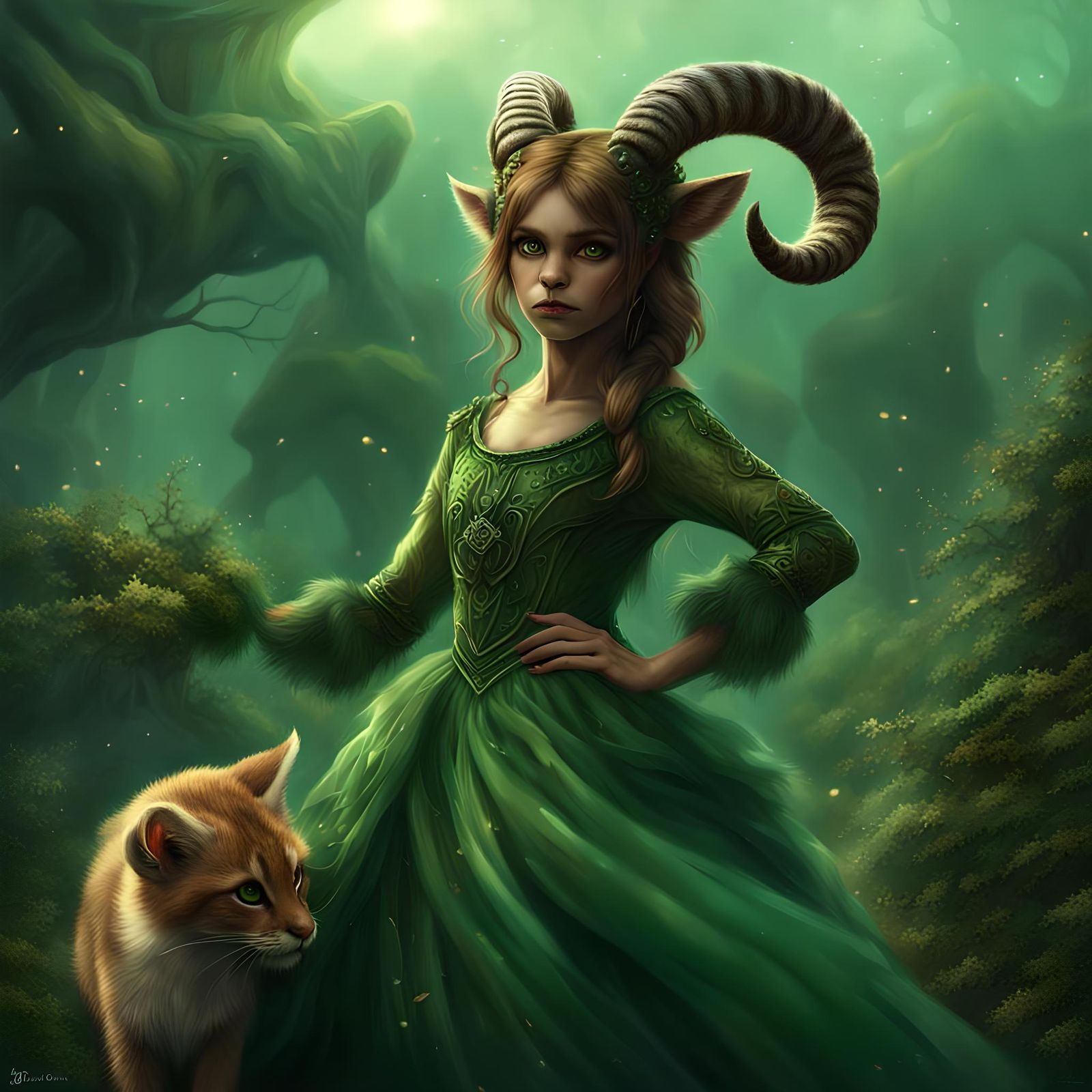 Furry Feline Faun Girl in Green Dress: Digital Art