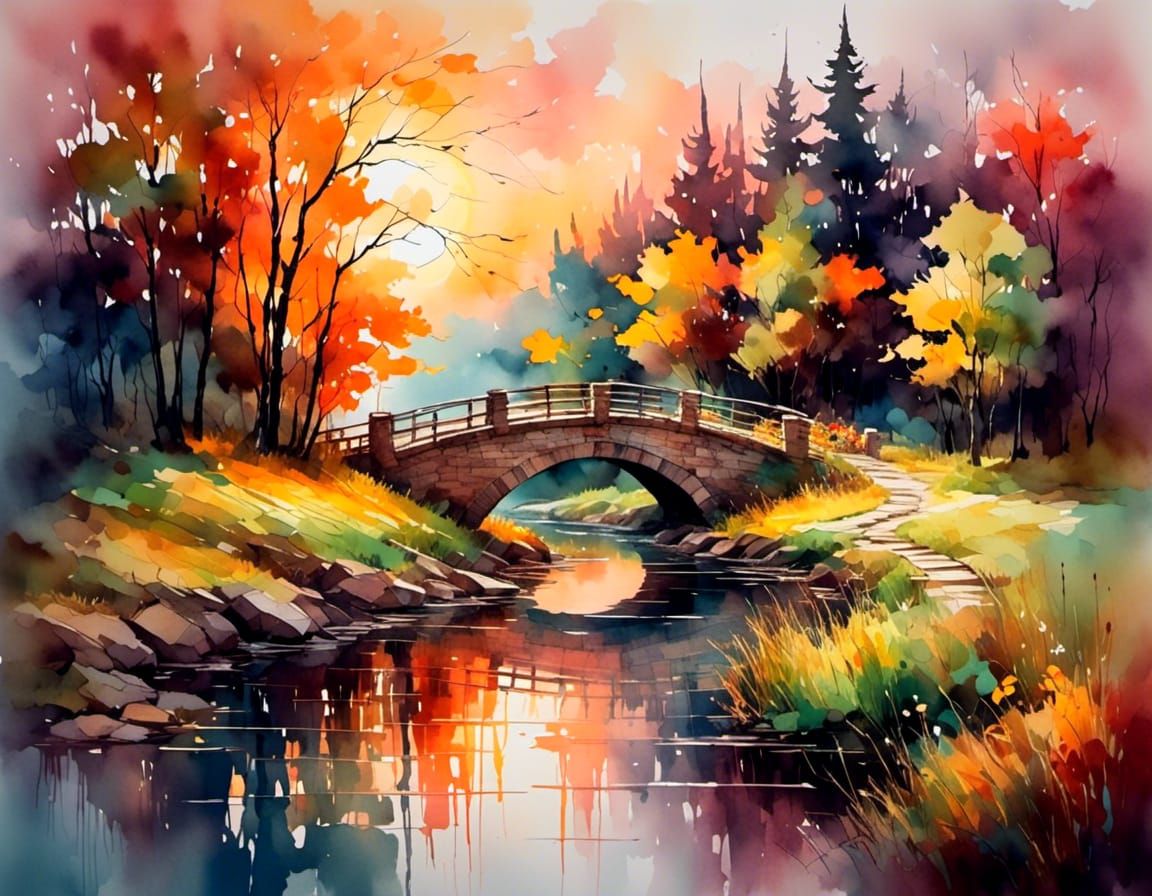 Park Stream at Sunrise in Watercolor Style