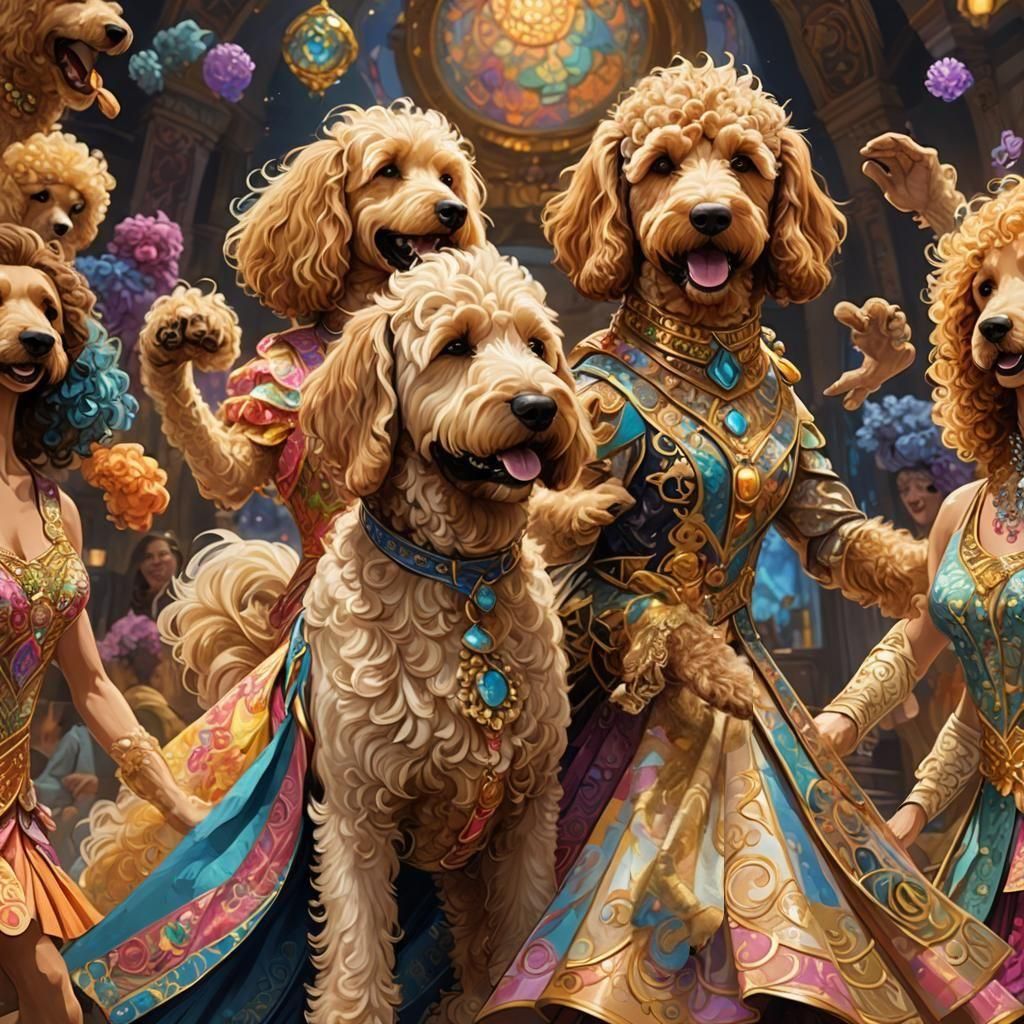 Golden Doodle and Labradoodle Dancing, Detailed Portrait