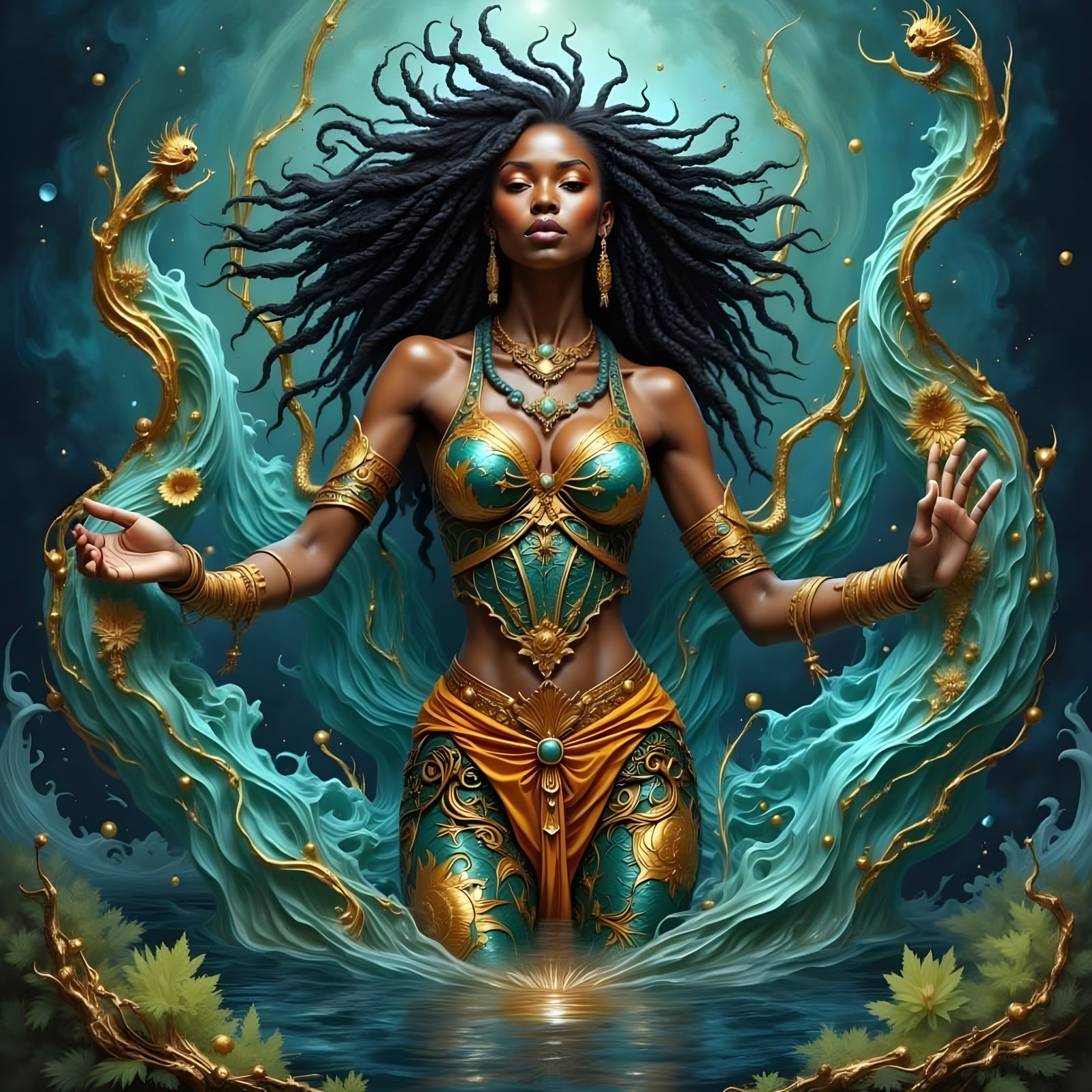 Mystical Mami Wata Rises from the Water in Vibrant Fractal C...