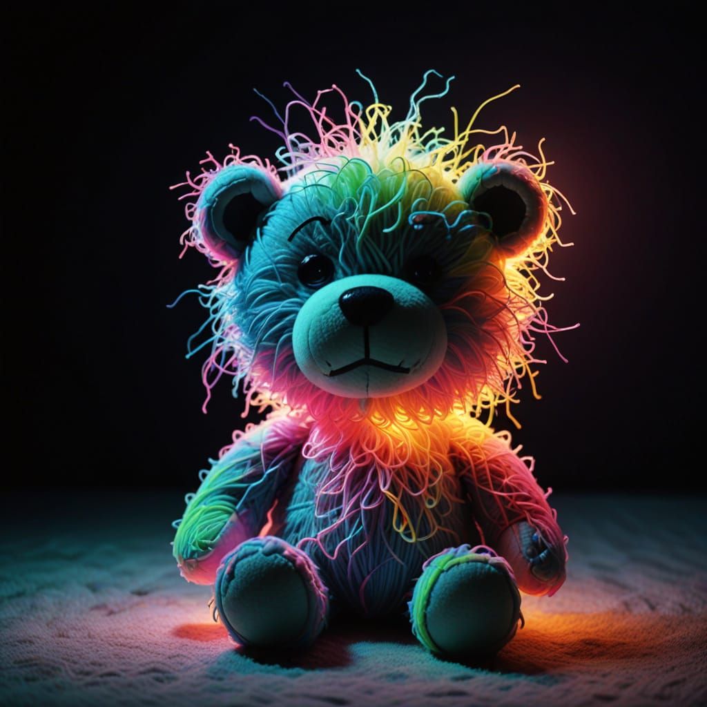 Surreal Glowing Plush Toy in Dark Room