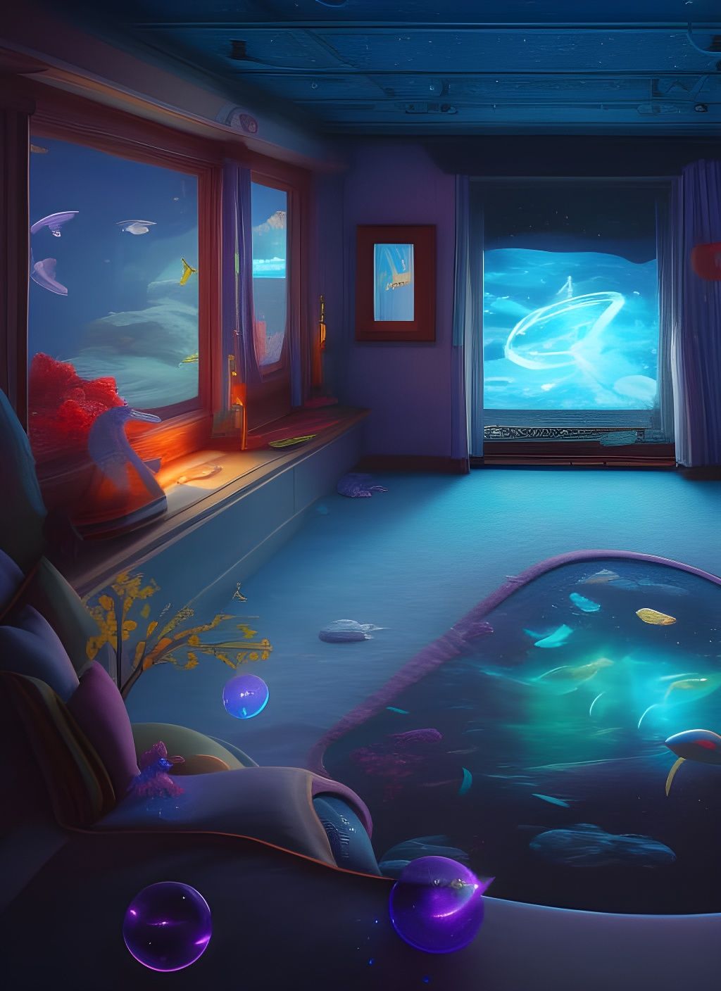 Underwater Bedroom with Ocean View, Fantastical Concept Art