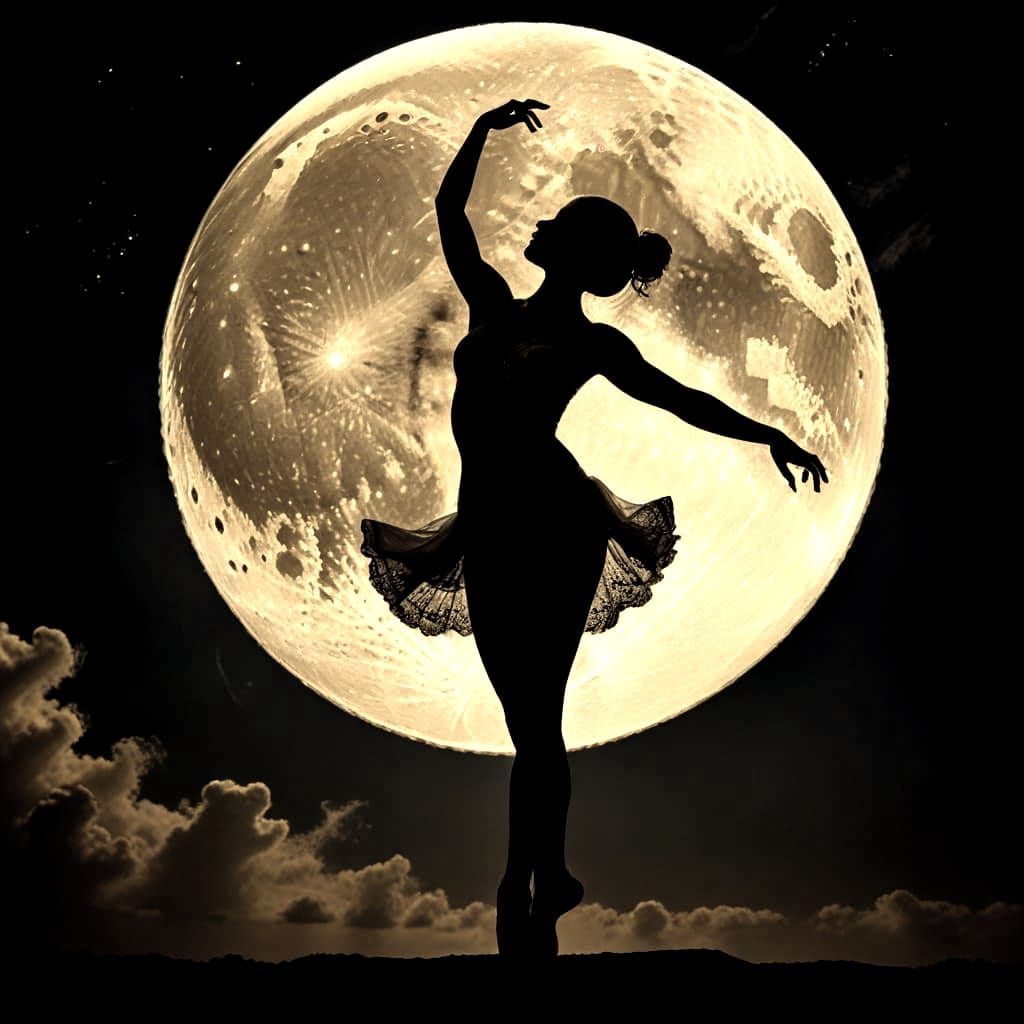 Silhouette Dancer in Moonlight, Classical Sepia Masterpiece