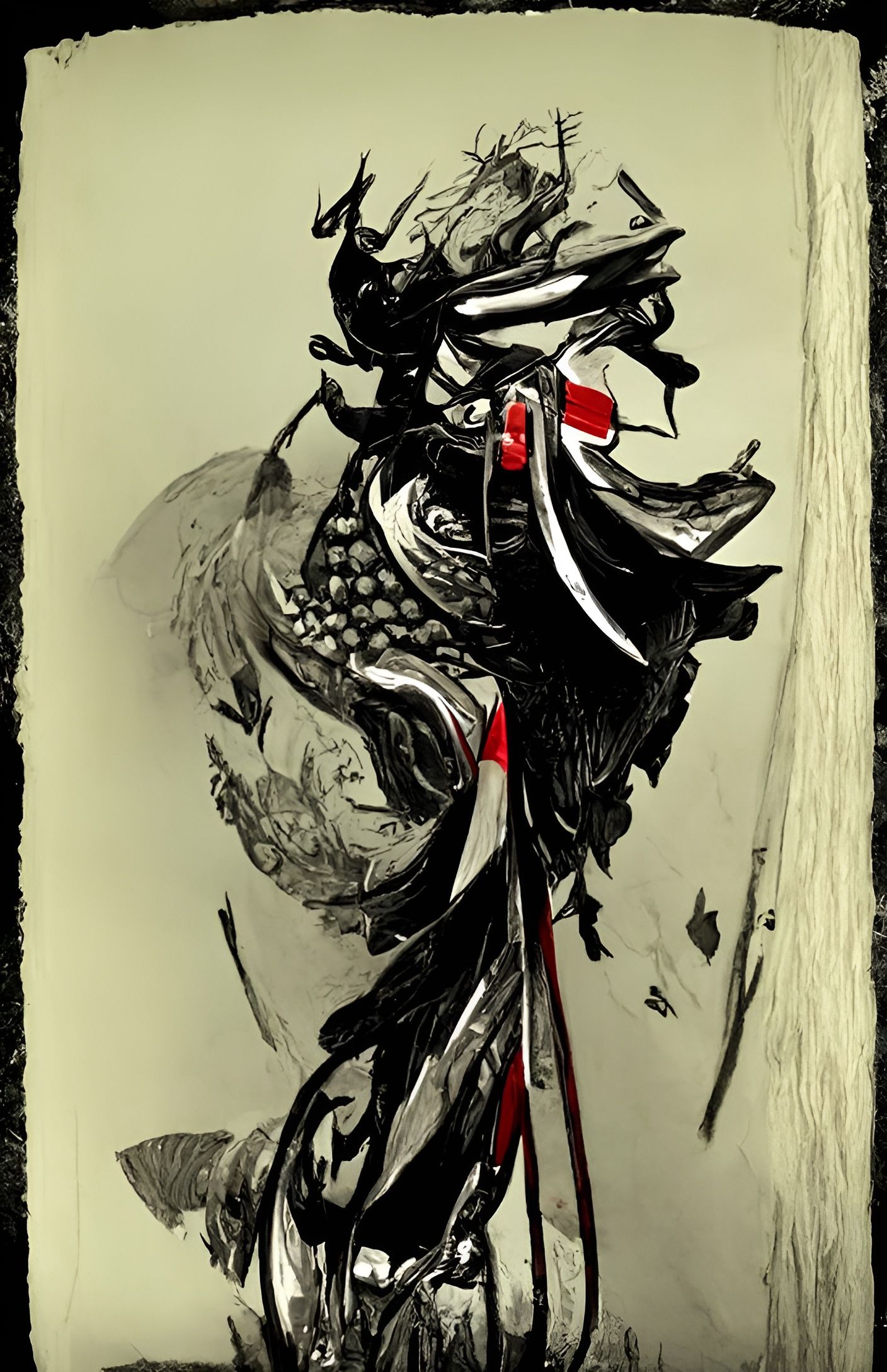 Angry Ravens with Katana in Japanese Ink Style