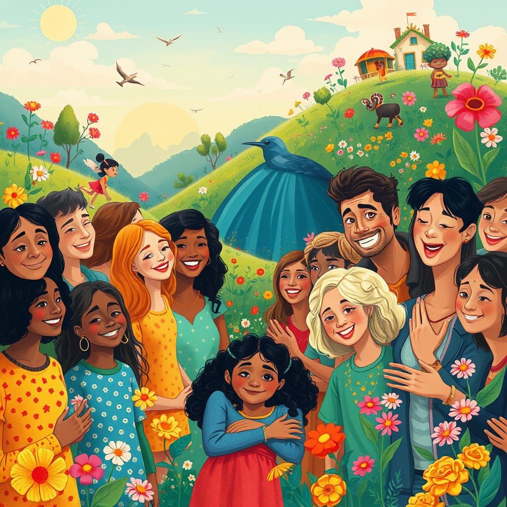 World Harmony: Diverse Cultures Embracing in Vibrant Bloom