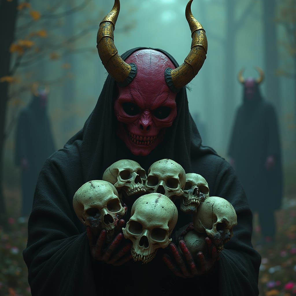 Macabre Creature With Skulls in Glitchy Dark Fantasy Style