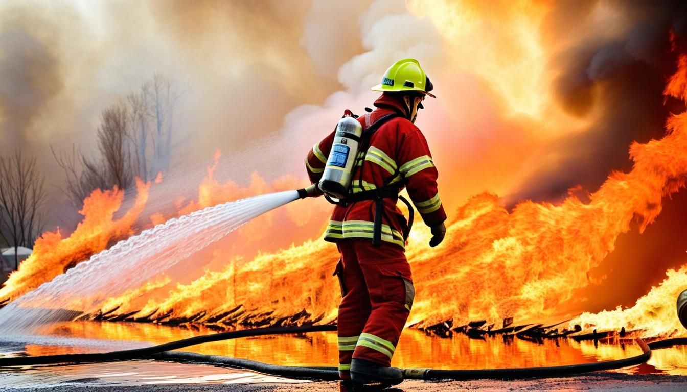 Fireman fighting the fire with water