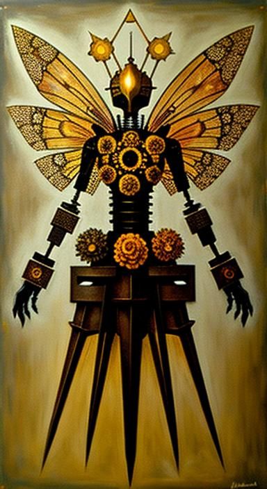 Robot Fairy with Geometric Marigolds in Gouache Style