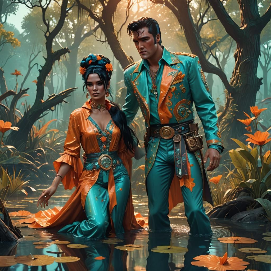Elvis and Witch in Swamp, Retro Concept Art