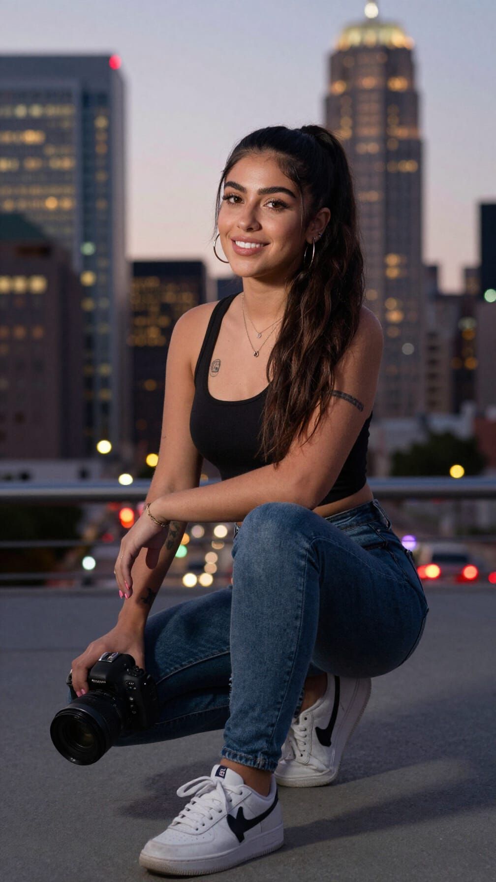 Confident Latina Woman in Neon Cityscape