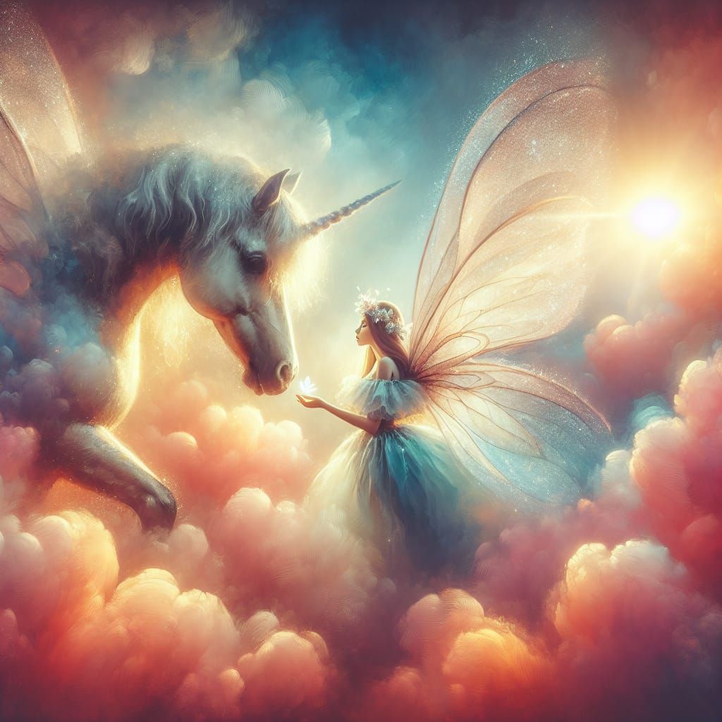 Unicorn Nuzzles Fairy Princess in Watercolor Heaven