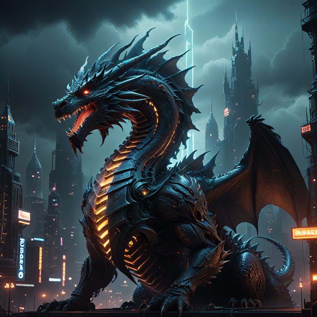 Biomechanical Dragon Coils Around Futuristic City Spire