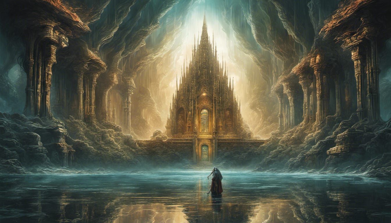 Futuristic Temple with River in Surreal Style