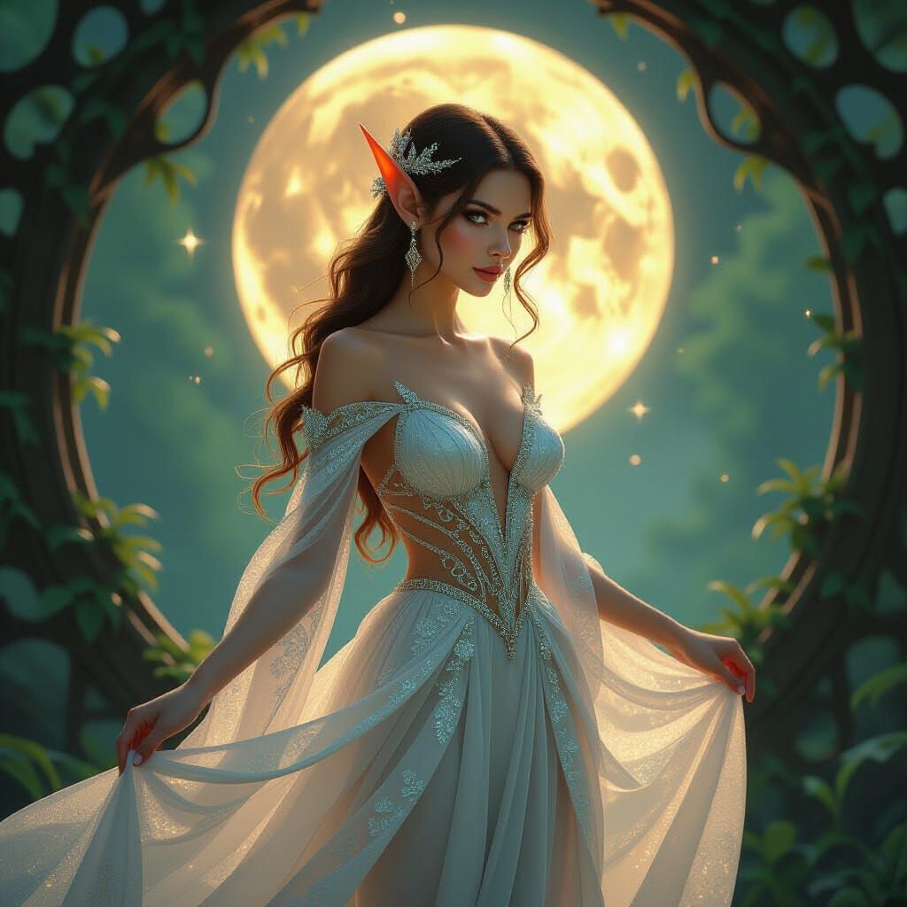 Elegant Elf in Enchanted Glass Gown Under Moonlight