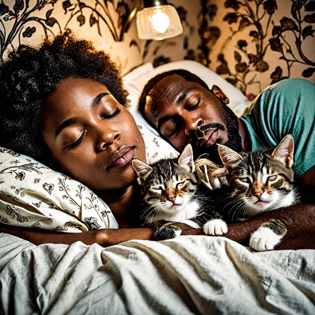 Serene Couple Asleep with Kittens