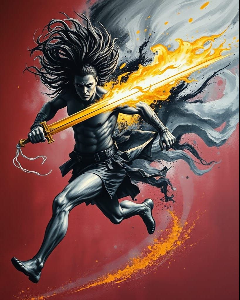 Dynamic Splatter Art: Heroic Figure with Sword