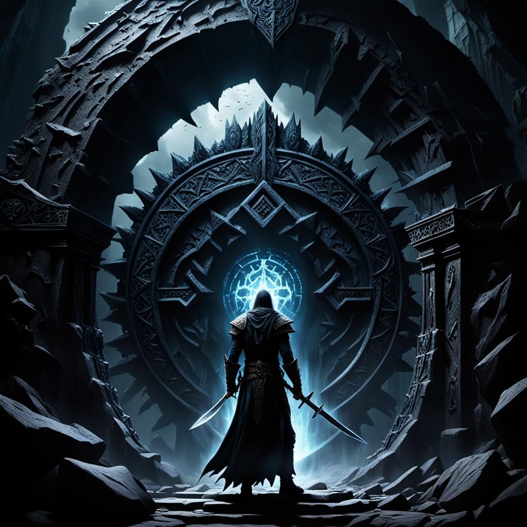 The Warden Guards Ominous Portal in Dark Fantasy Scene