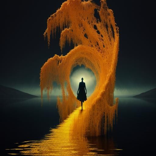 Mystical Figure at Dreamlike Lake, Vibrant Oil Painting