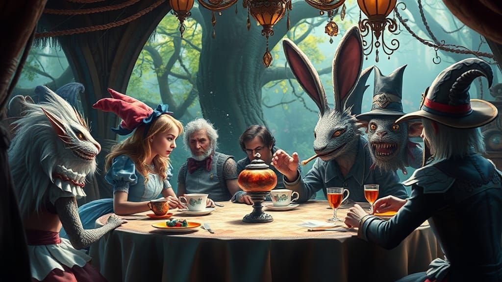 Alice's Tea Party in Wonderland: Hyperrealistic Splash Art