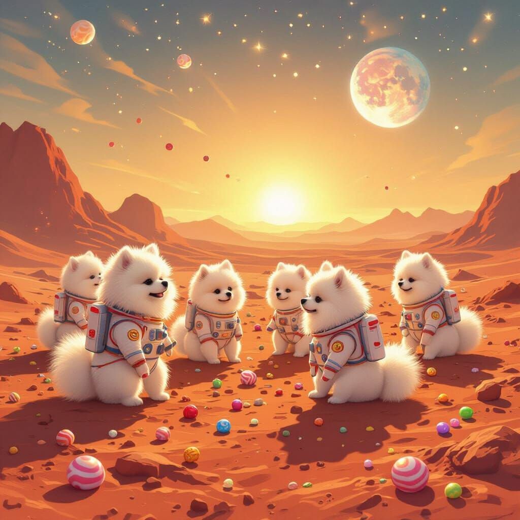 Pomeranians Explore Mars in Candy Space Suits