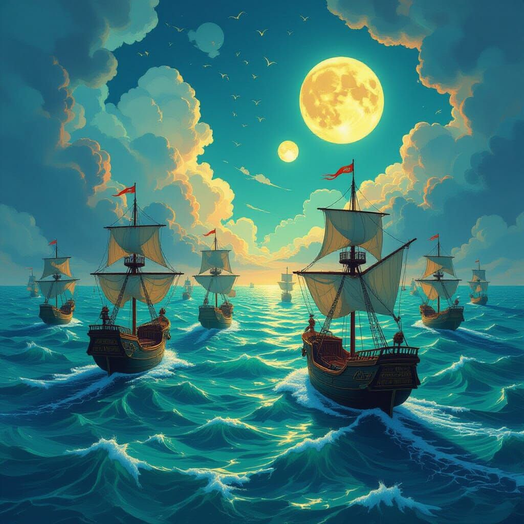 Oceanic Planet with Ship-Like Islands and Twin Moons