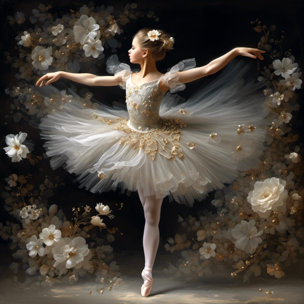 <lora:NC Hyperreal:1.0> Ballerina- dainty, elegant, perfect ballerina, see through, digital art, shishkin, black backgro...