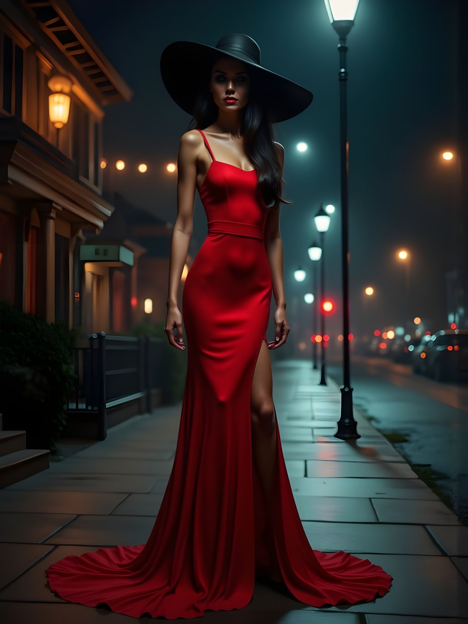 Femme Fatale in Red Dress Under Streetlights