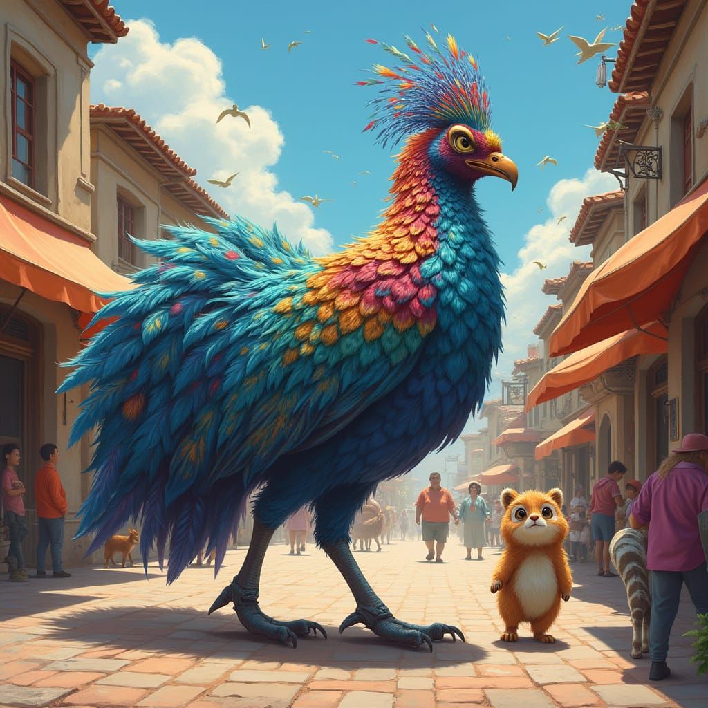 Iridescent Bird Strolls Through Town Square
