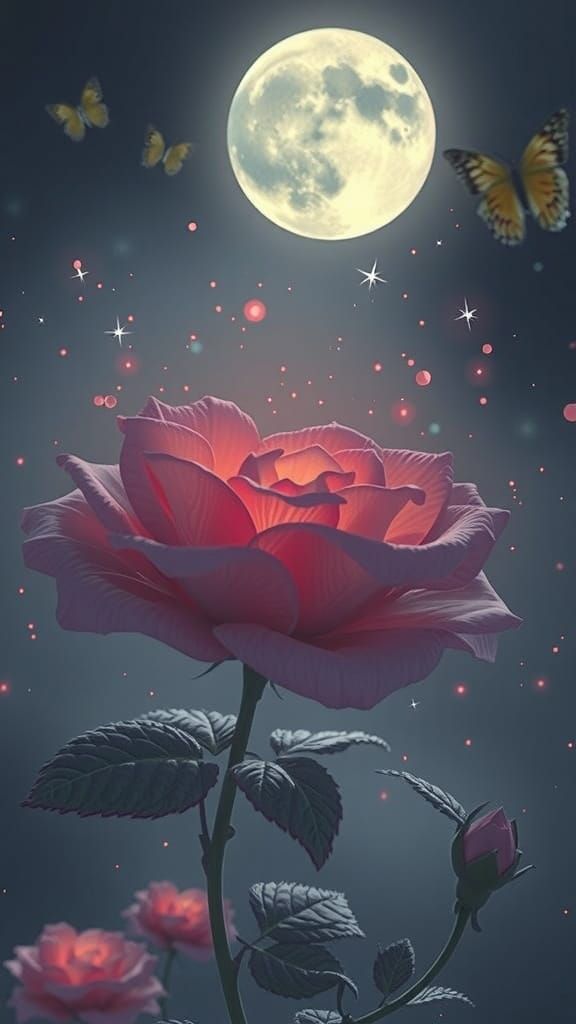 Glowing Rose Under Red Sun: Ethereal Digital Art