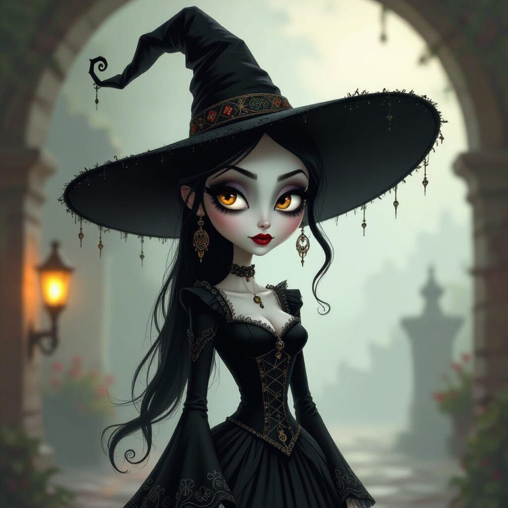 Tim Burton Style Witch with Mexican Folk Art Influences