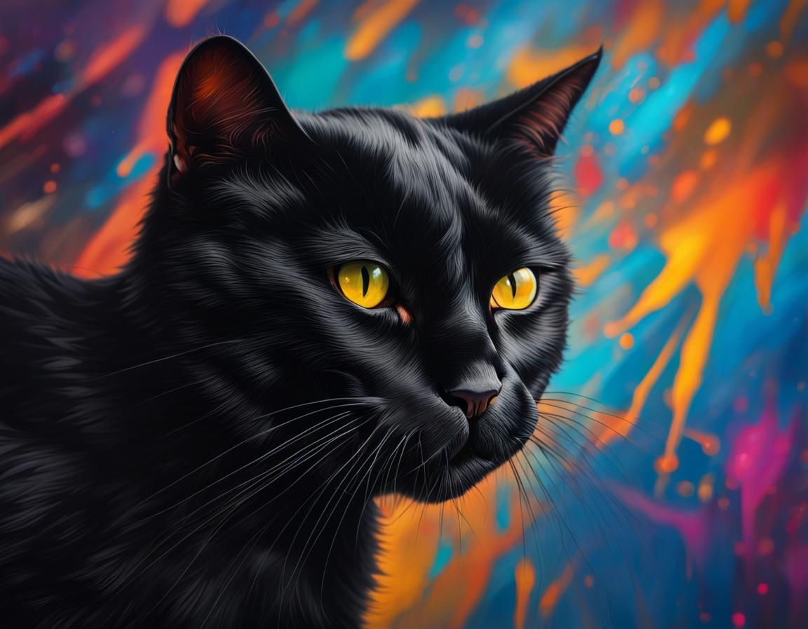 Hyperrealistic Black Cat Portrait in Splash Art Style