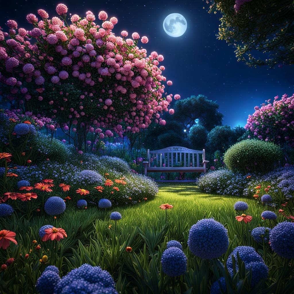 Blooming Moonlit Garden: 3D Rendered Fantasy Art