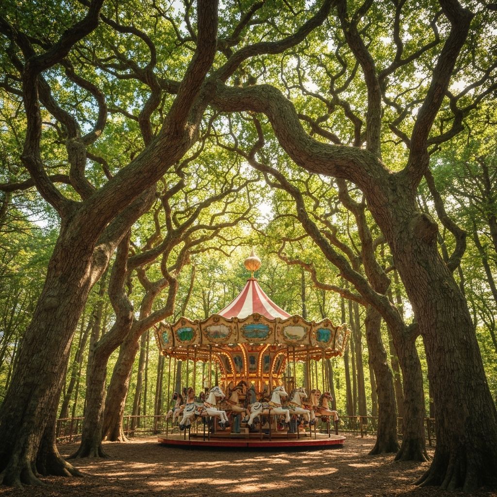Enchanted Forest Carousel Under Ancient Tree Archway