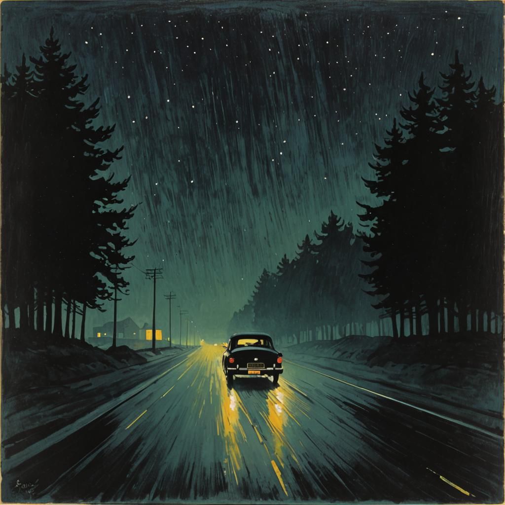 Eerie Night Drive in Symbolist Style