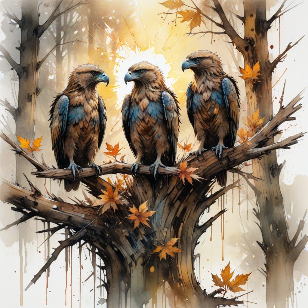 Eaglets on Autumn Branch in Watercolor Style