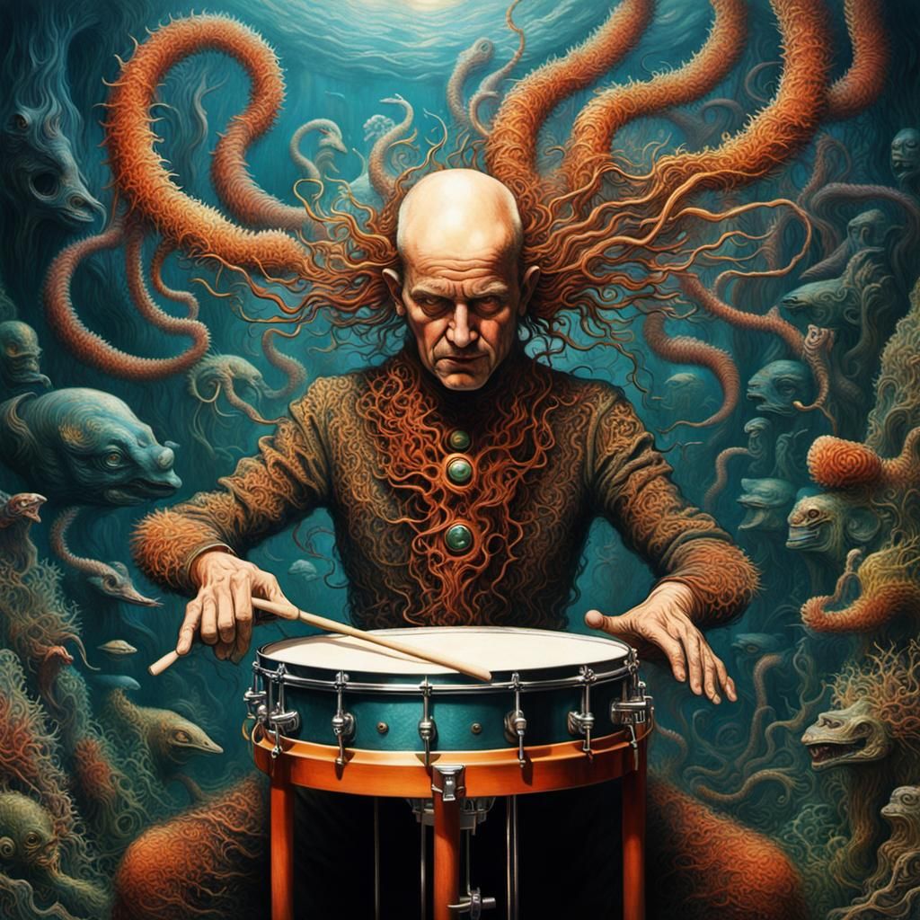 Tentacles Play Drums Undersea: A Surreal Mixed-Media Masterp...