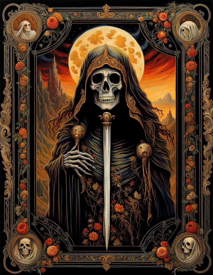 Intricate Death Tarot Card in a Surrealist Style